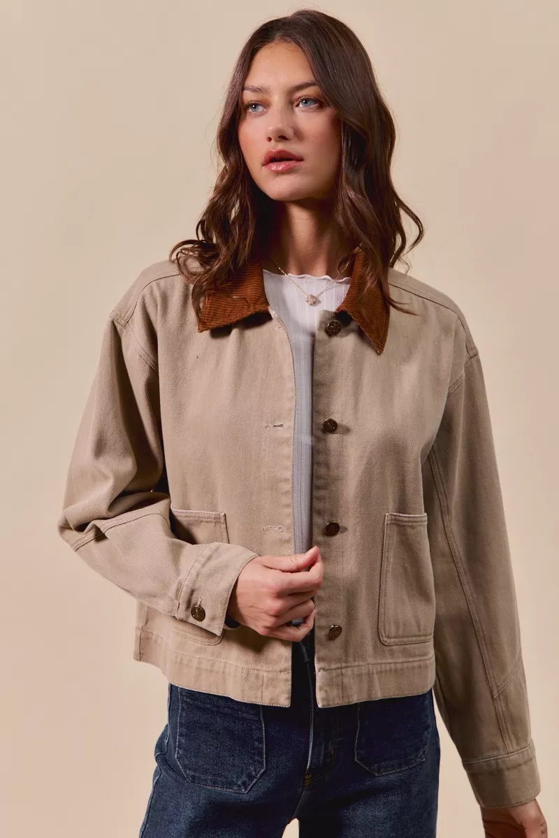 Cotton Twill Cropped Barn Jacket wtih Collar, image 3