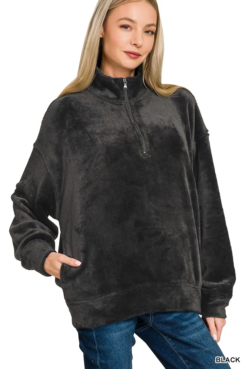 Faux Fur Half Zip Pocket Pullover, image 2
