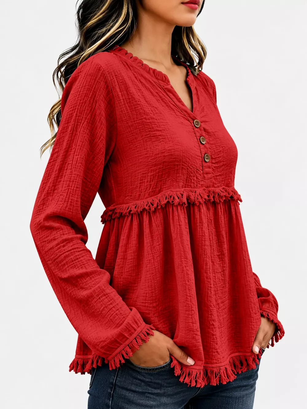 Full Size Frayed Hem Button Detail Blouse Plus Size, image 32