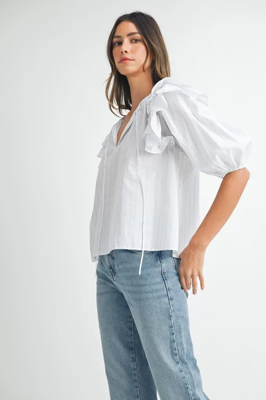 Stripe Ruffle Shoulder Puff Sleeve Blouse, image 9