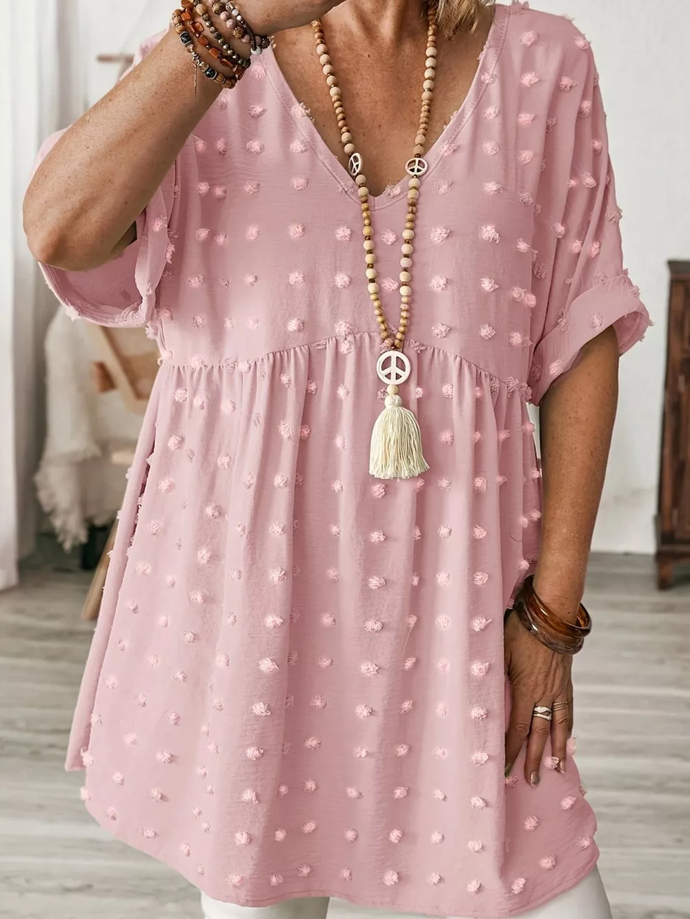 Plus Size Swiss Dot V-Neck Casual Blouse, image 34