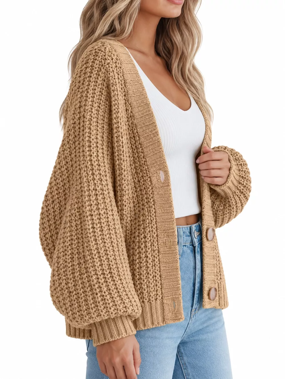 Full Size Chunky Knit Button-Down Cardigan Plus Size, image 2