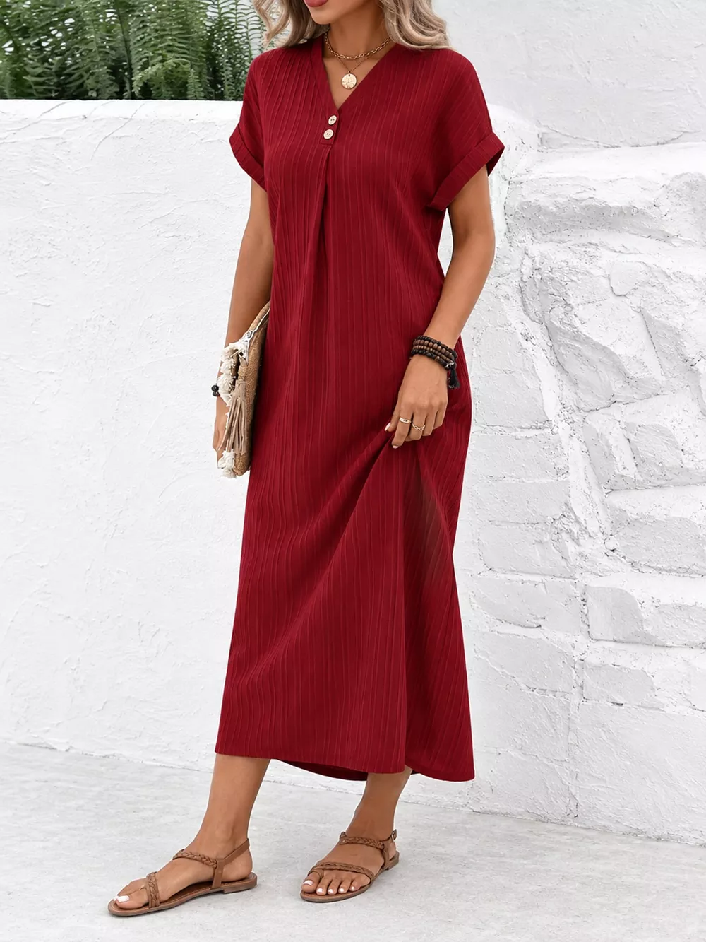 Full Size V-Neck Short Sleeve Midi Dress Plus Size, image 17