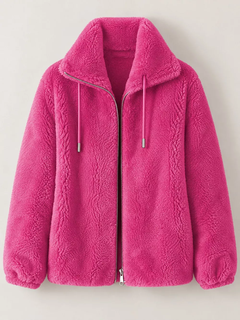 Full Size Drawstring Faux Fur Stand-Collar Zip-Up Outerwear Plus Size, image 38