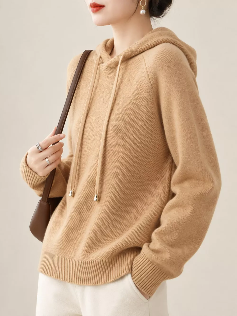 Drawstring Long Sleeve Hooded Knit Sweater, image 12