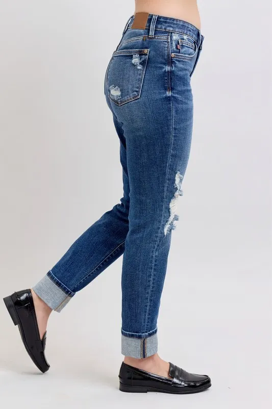 Full Size Mid Rise Boyfriend destroy Jeans with Yoke Pockets and Faux Selvedge Cuff Plus Size, image 11