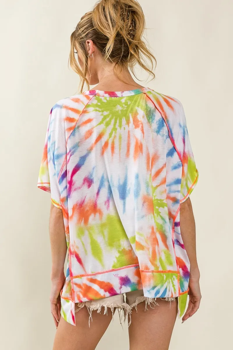 Tie Dye Print Jersey Stitched Uneven Hem Top, image 8