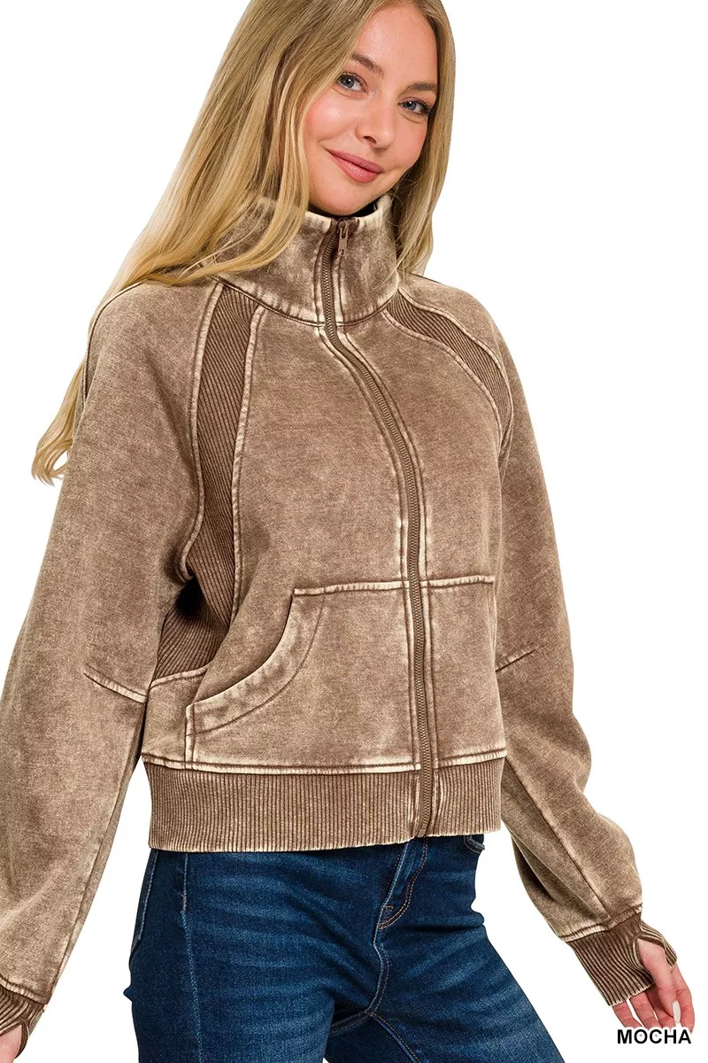 Acid Wash Zip Up Fleece Jacket, image 3