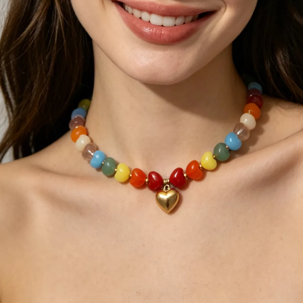 Colorful Heart Pendant Beaded Collarbone Necklace, image 3