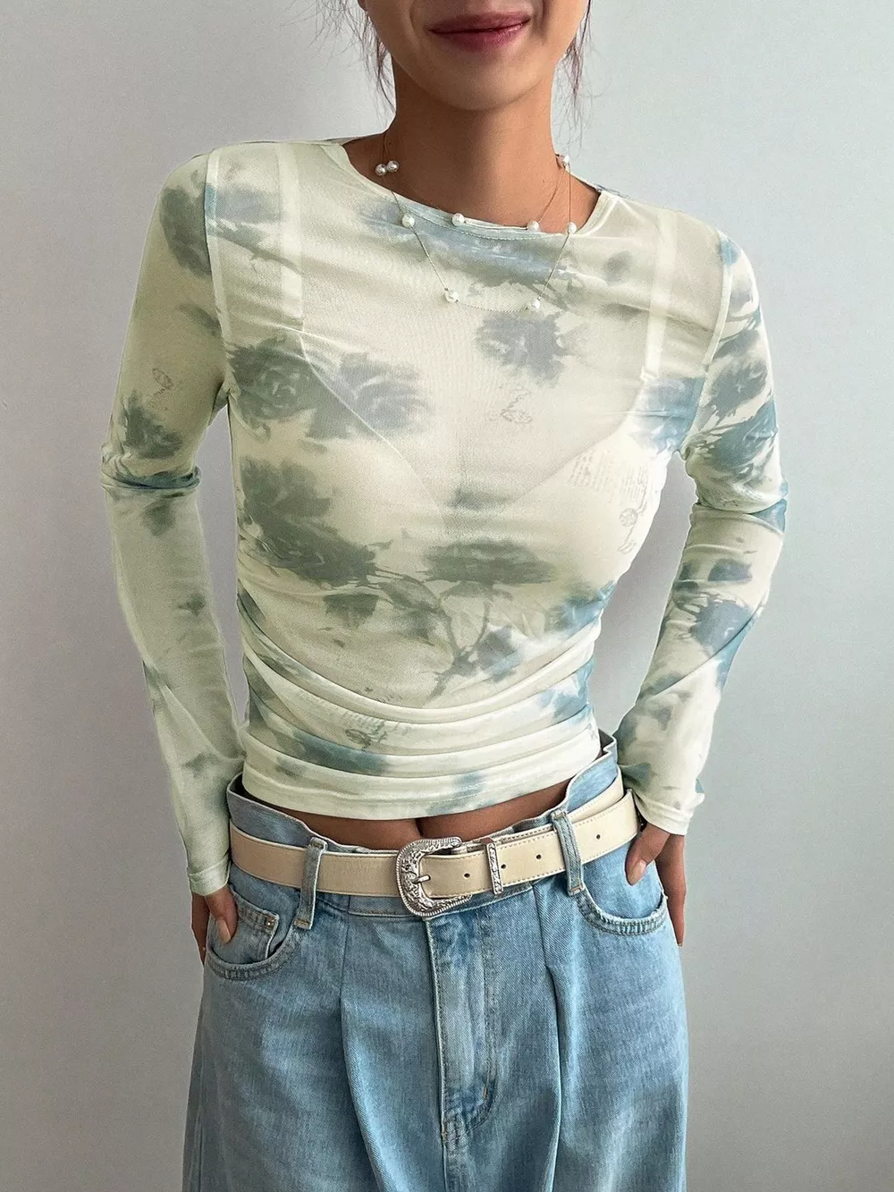 Floral Print Sheer Mesh Long Sleeve T-Shirt
