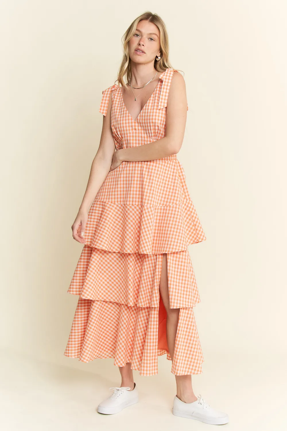 Sleeveless Gingham Print Tiered Midi Dress, image 2