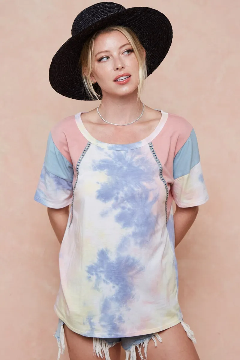 Tie Dye Printed Cotton Color Block T-Shirt, image 19