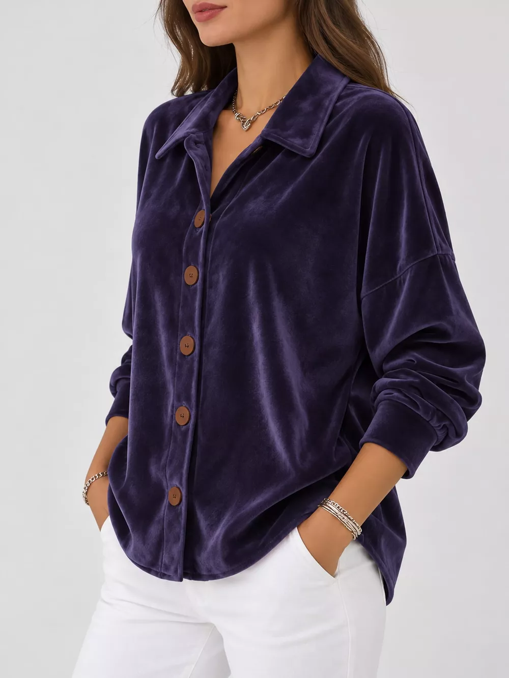Full Size Velvet Button-Down Long Sleeve Shirt Plus Size, image 14