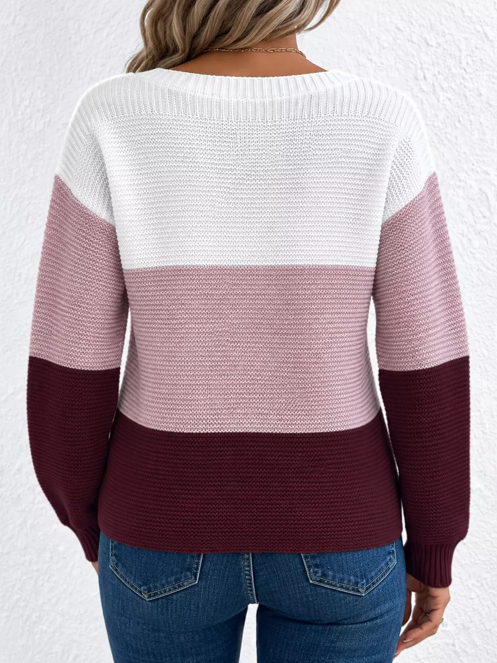 Full Size Color-Block Boat Neck Sweater Plus Size, image 45