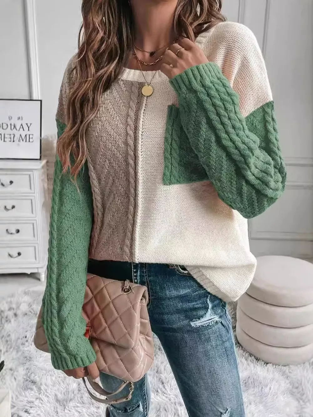 Color Block Cable Knit Sweater, image 8