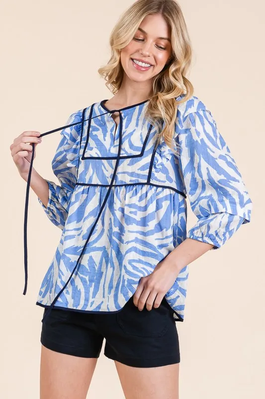 Graphic Print Solid Trim Quarter Sleeve Blouse, image 11