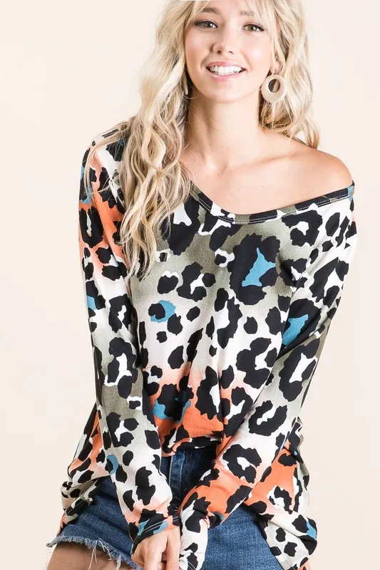 Gradation Leopard Print Soft Knit Deep U Neck Top, image 8