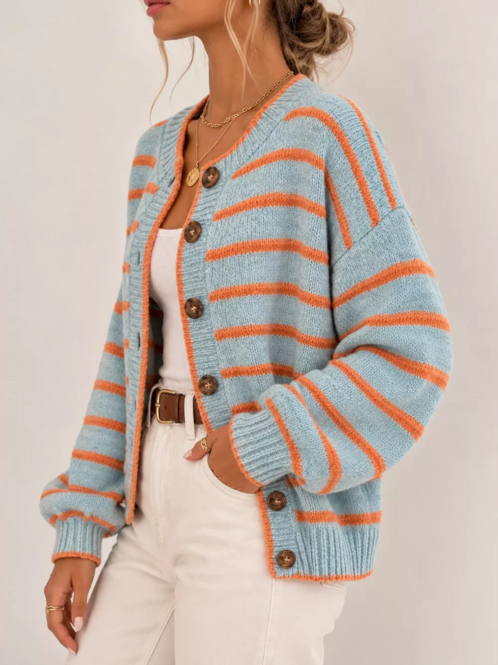 Striped Button-Down Knit Cardigan, image 4