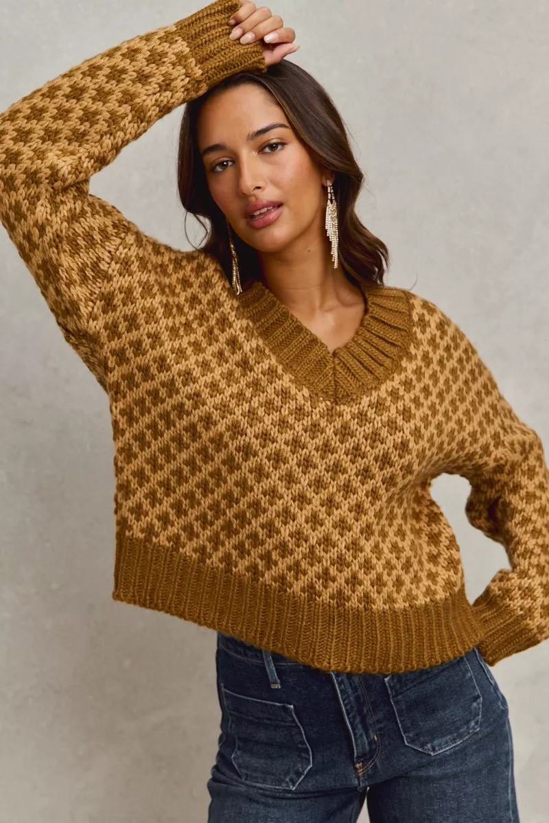 Color Block Textured Christmas Sweater V Neck Top, image 8