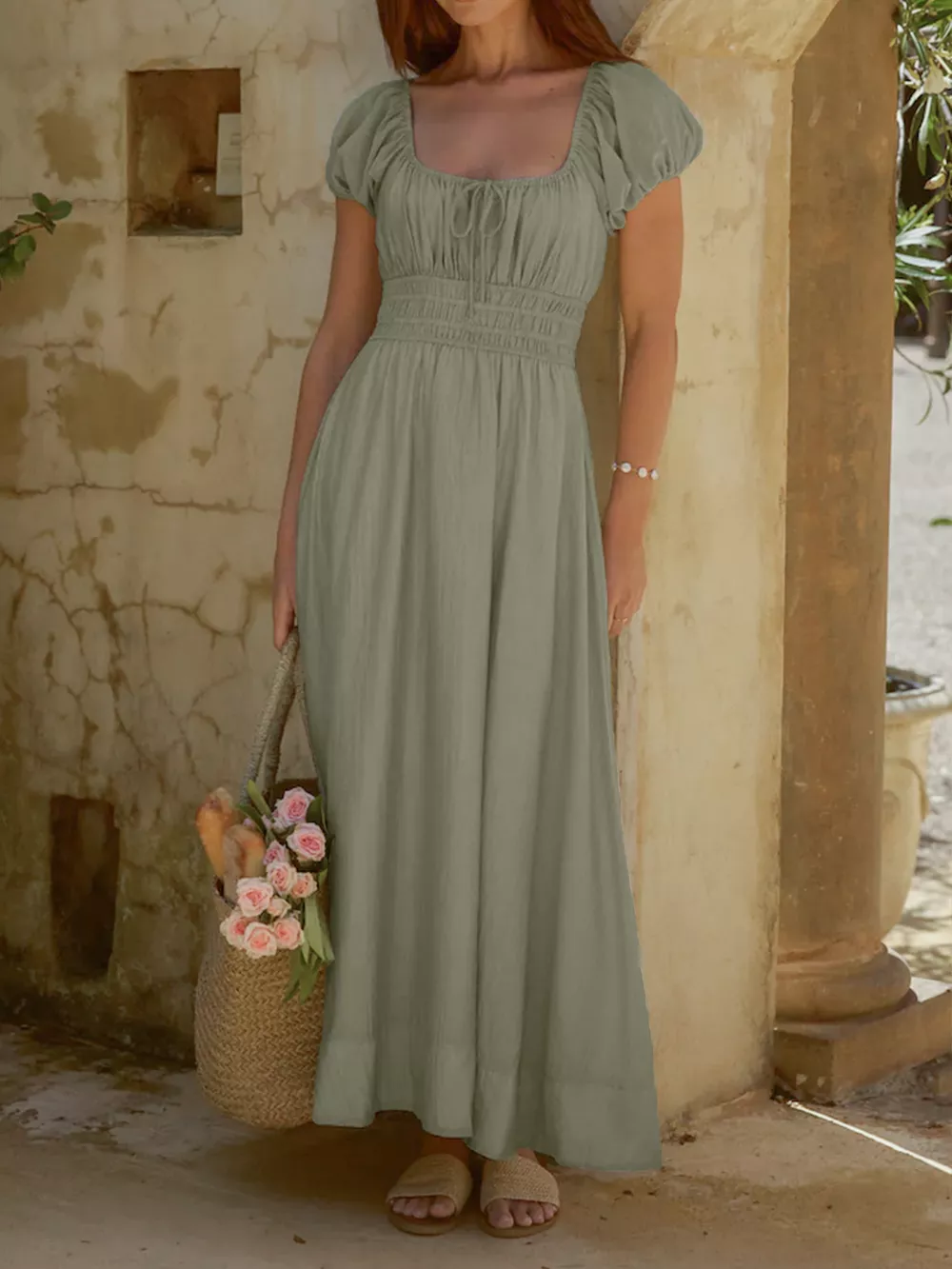 Smocked Waist Puff Sleeve Maxi Dress