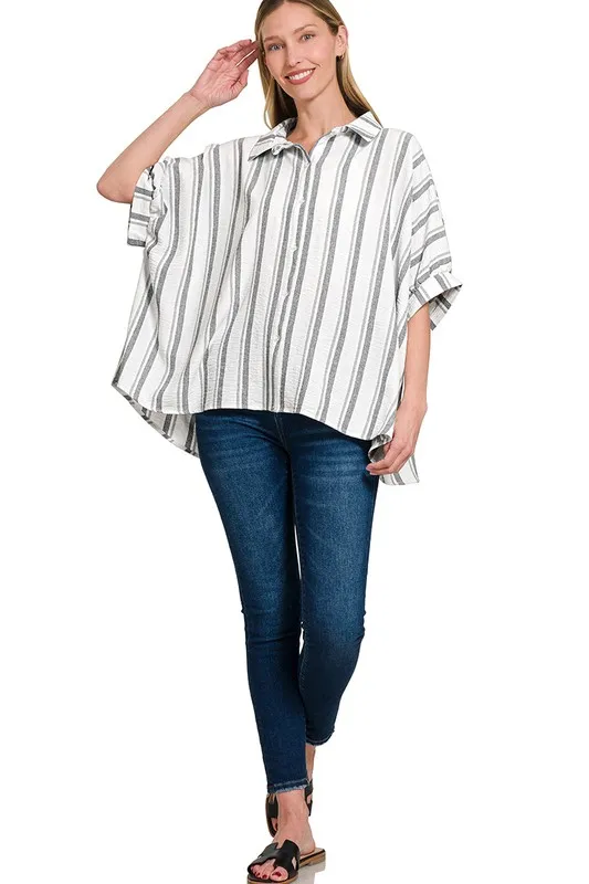 Woven Yarn-Dye Stripe Oversized Button Down Shirt, image 3