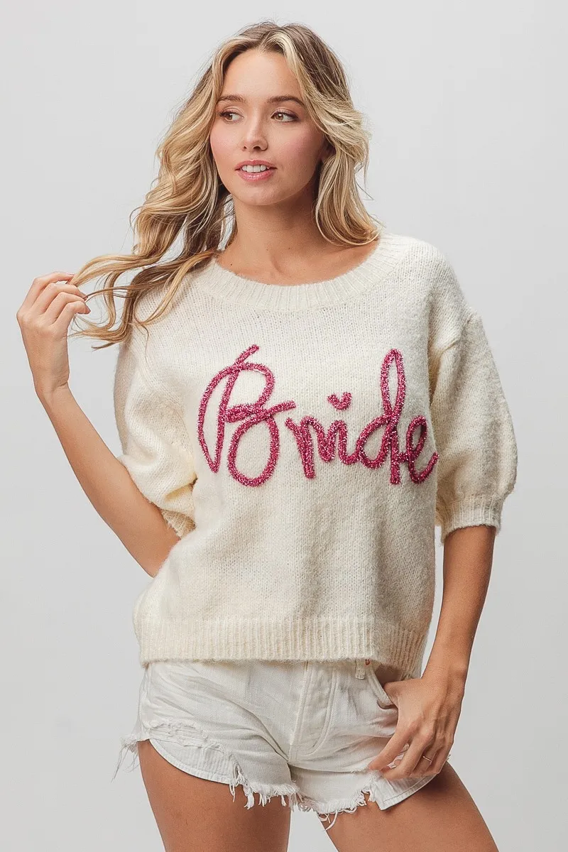 Metallic Letter Short Puff Sleeve Hairy Sweater, image 16