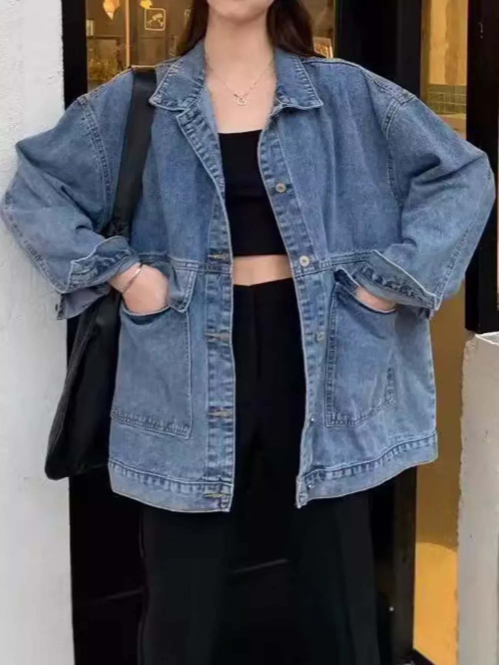 Oversized Wash Denim Jacket with Utility Pockets, image 3