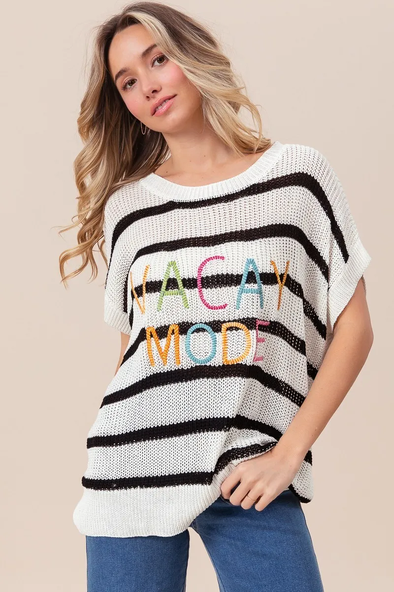 Vacay Mode Lettering Drop Shoulder Striped Sweater, image 11