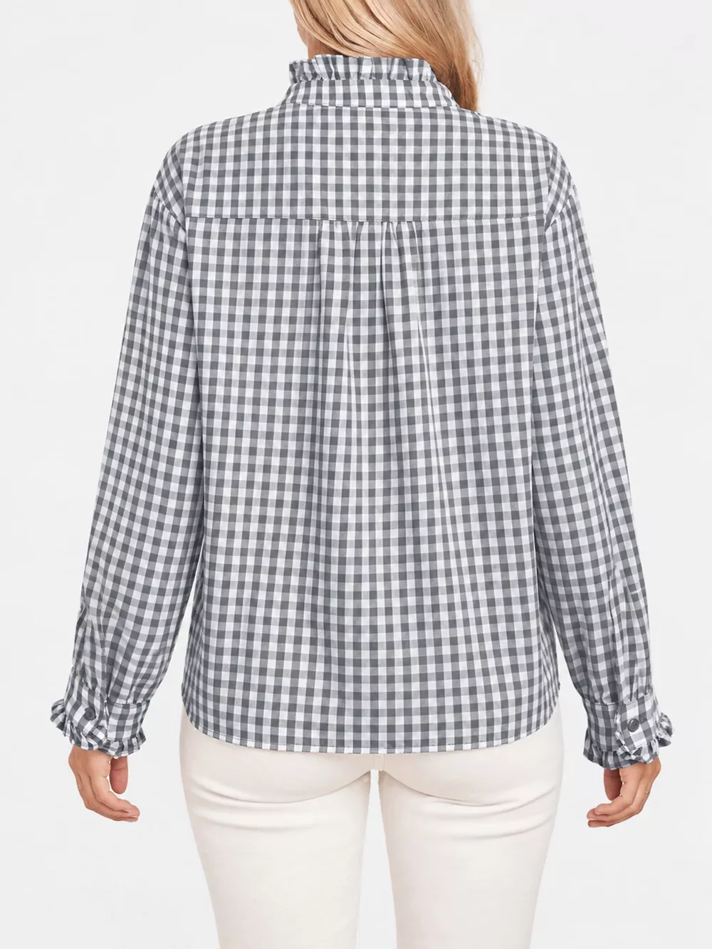 Gingham Ruffle Trim Stand Collar Shirt, image 7