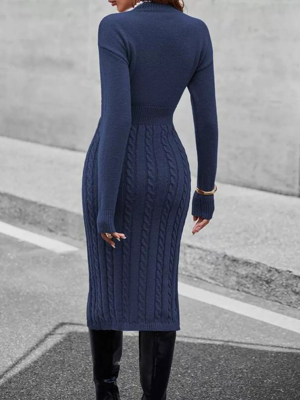Full Size Mock Neck Cable Knit Sweater Dress with Front Slit Plus Size, image 52