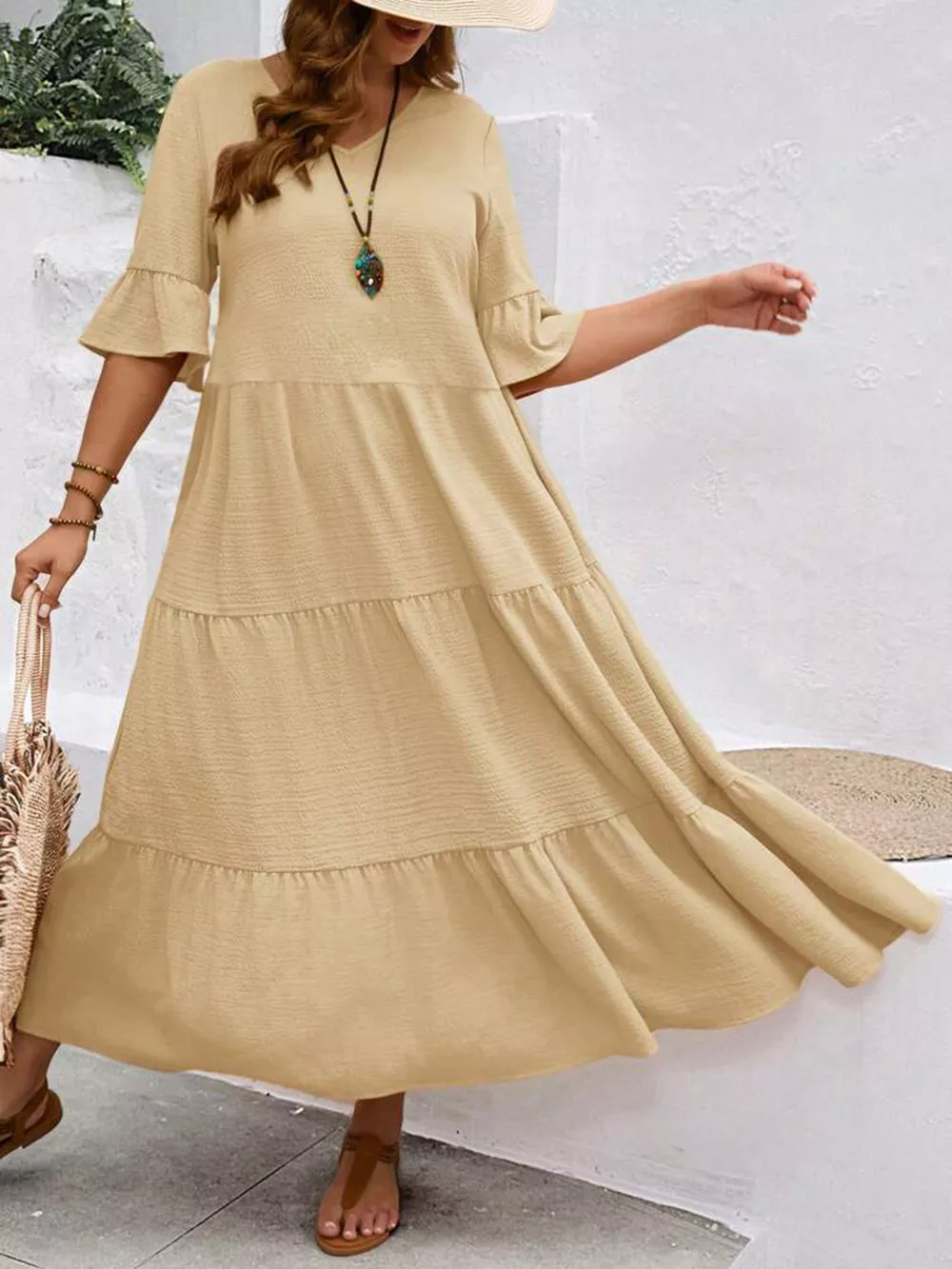 Plus Size Ruffle Sleeves Tiered Midi Dress, image 6