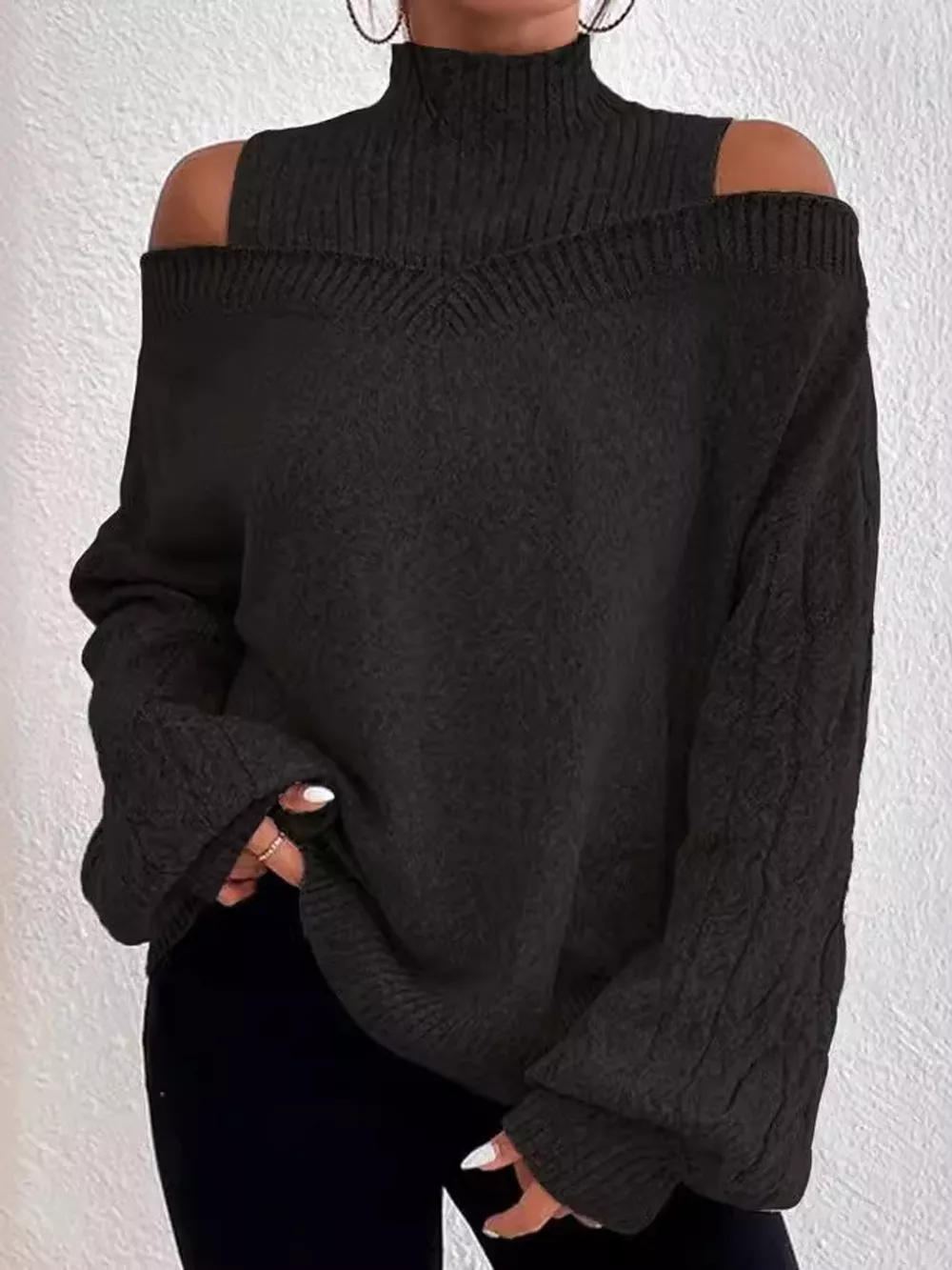 Full Size Cold Shoulder Mock Neck Cable Knit Sweater Plus Size, image 14