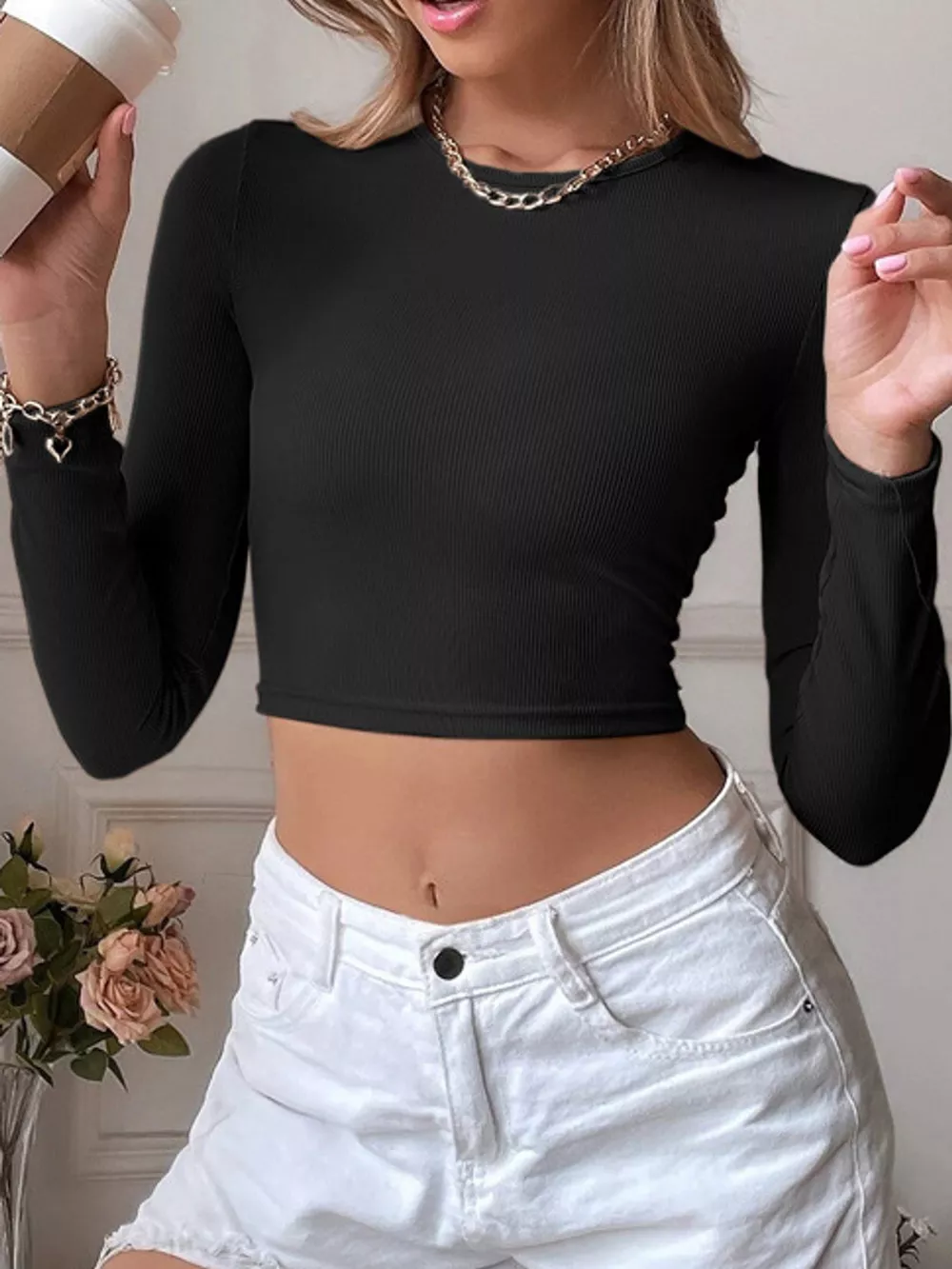 Cutout Back Long Sleeve Crop T-Shirt, image 2