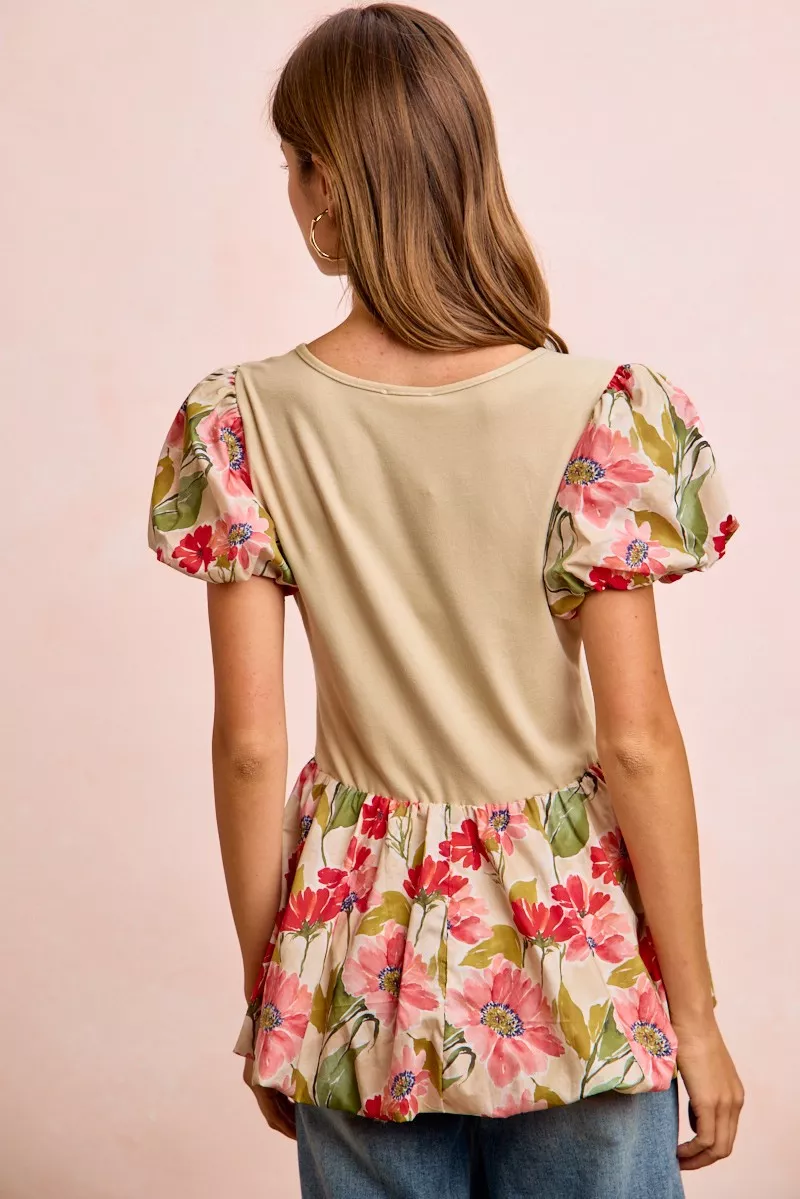 Floral Printed Bubble Sleeves and Hem Peplum Top, image 9