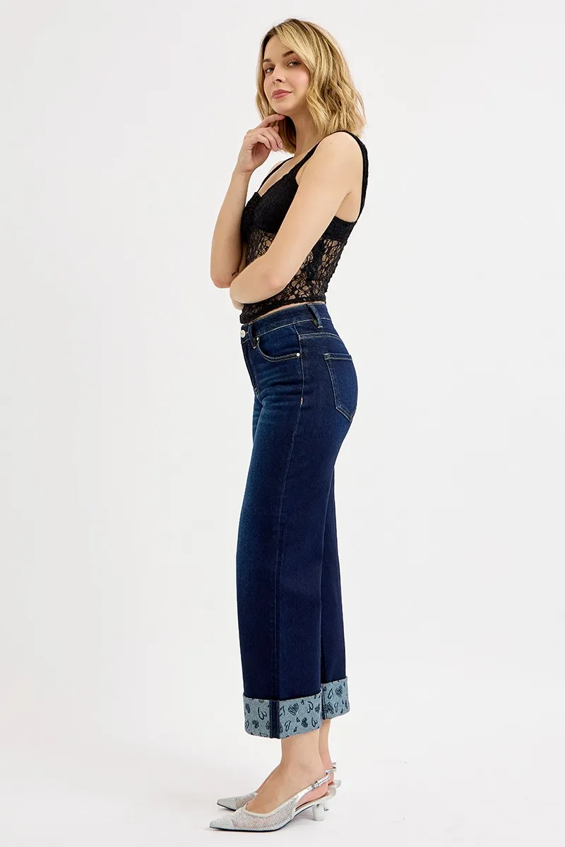 Full Size Mid Rise Fit Crop Wide With Printed Cuff Jeans Plus Size, image 8
