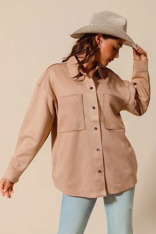 Faux Sued Snap Shacket with Collar and Pockets, image 2