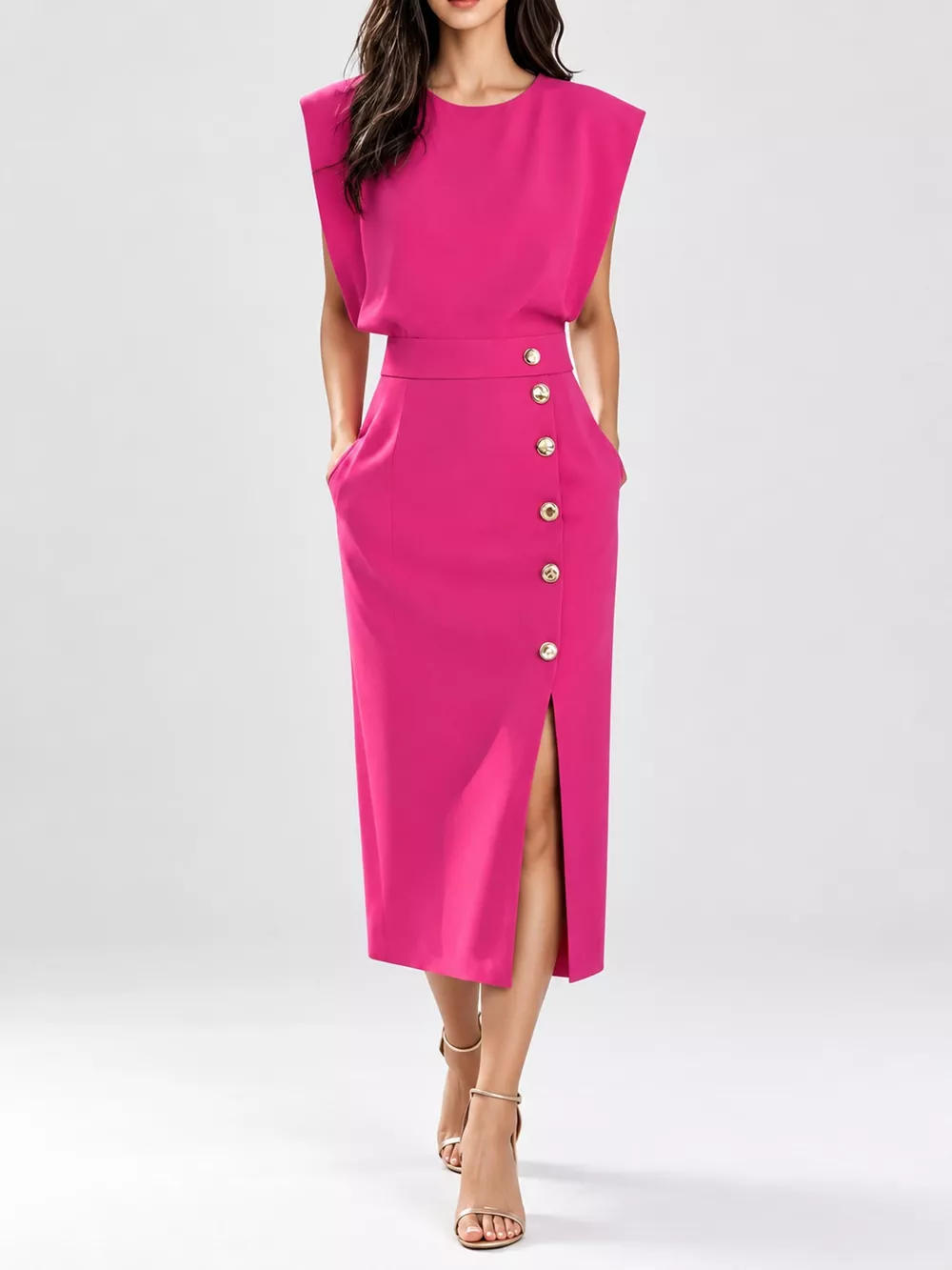 Sleeveless Midi Dress with Gold Button Detail and Side Slit, image 31