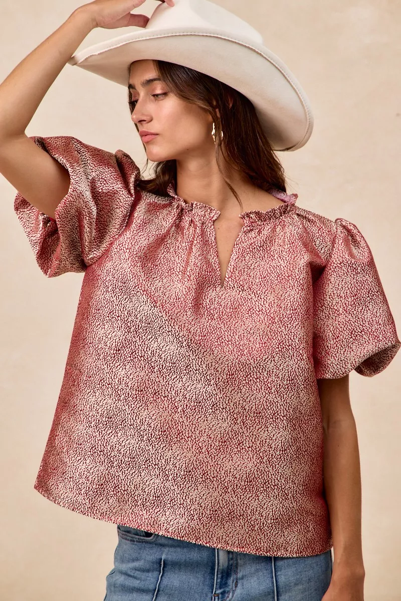 Jacquard Woven Short Balloon Sleeves V Neck Top, image 8