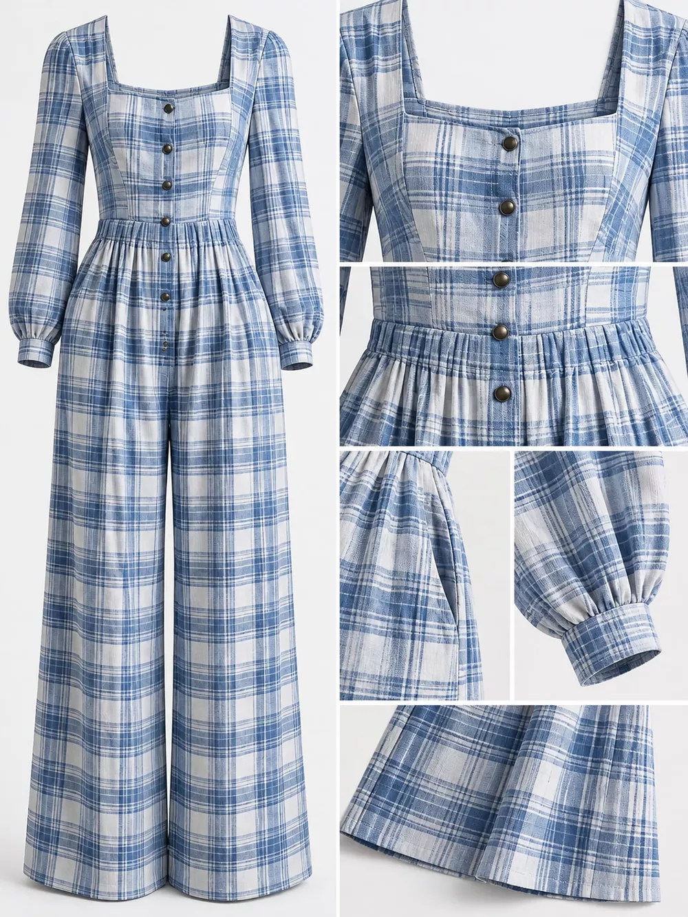 Plaid Square Neck Long Sleeve Wide-Leg Jumpsuit, image 19