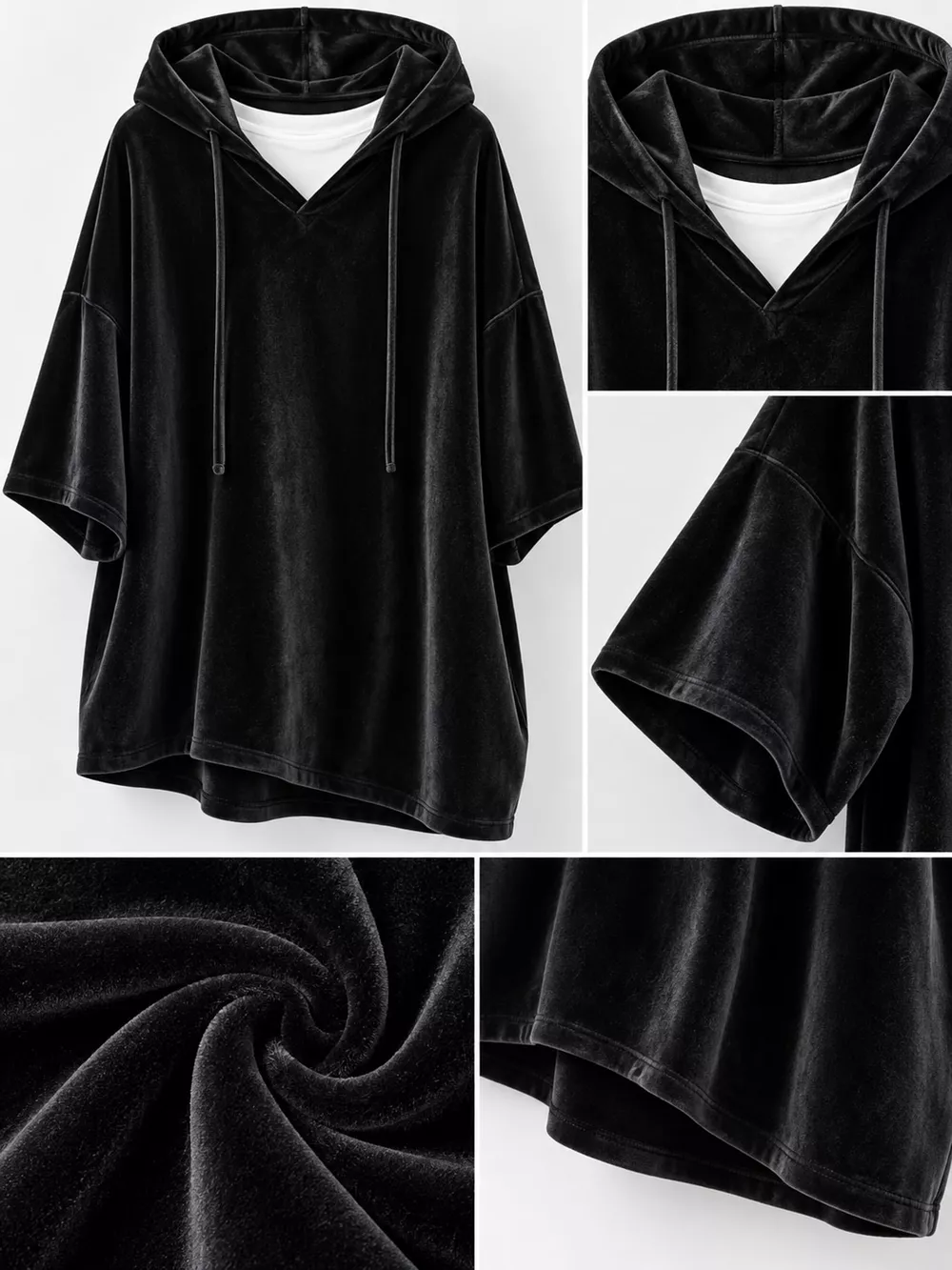 Full Size Velvet Half Sleeve Hoodie with Drawstring Plus Size, image 6