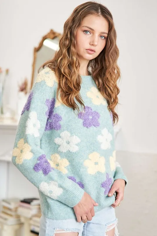 Full Size Floral Popped 2-Tone Sweater Top Plus Size, image 5