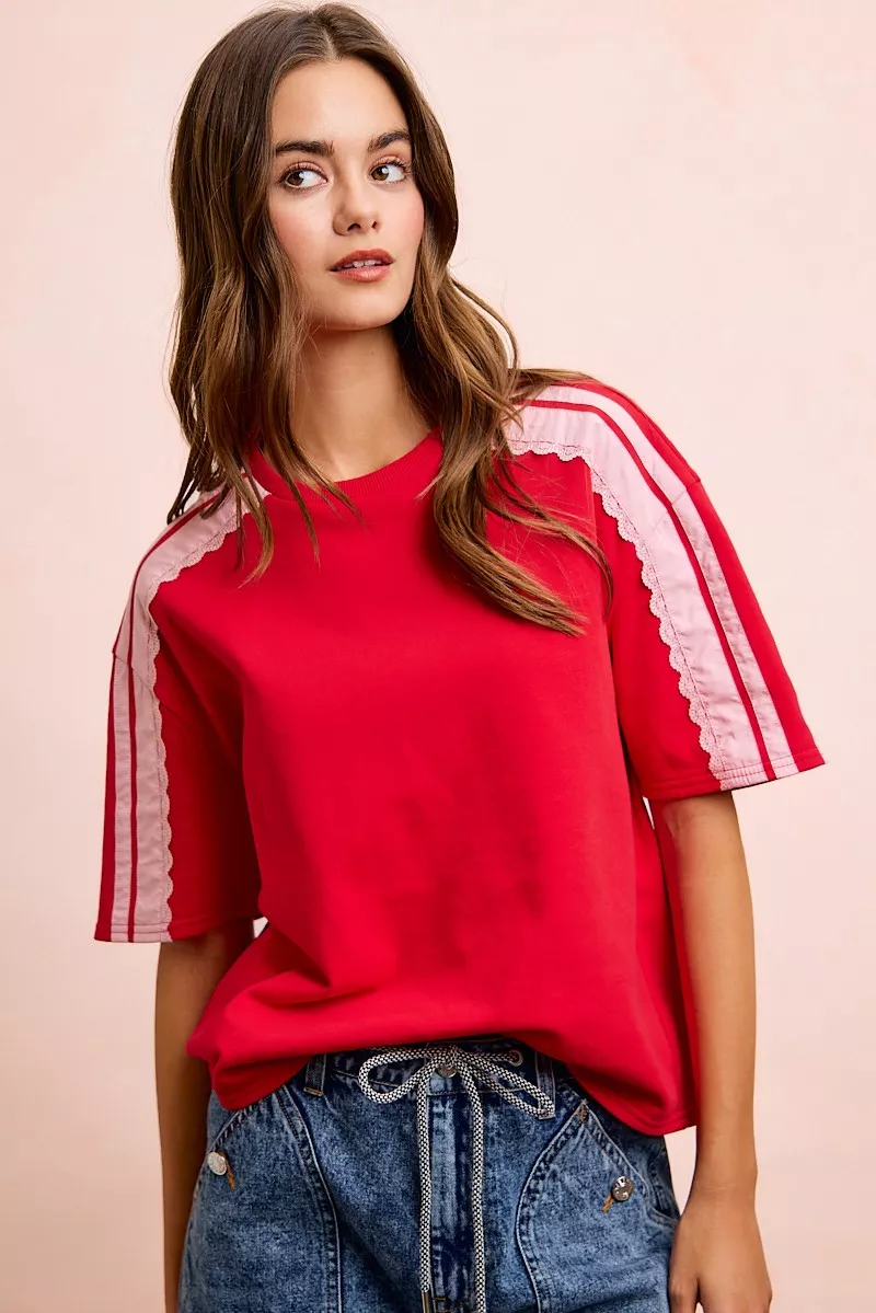 BiBi French Terry Side Lace Detail Short Sleeves Top, image 14