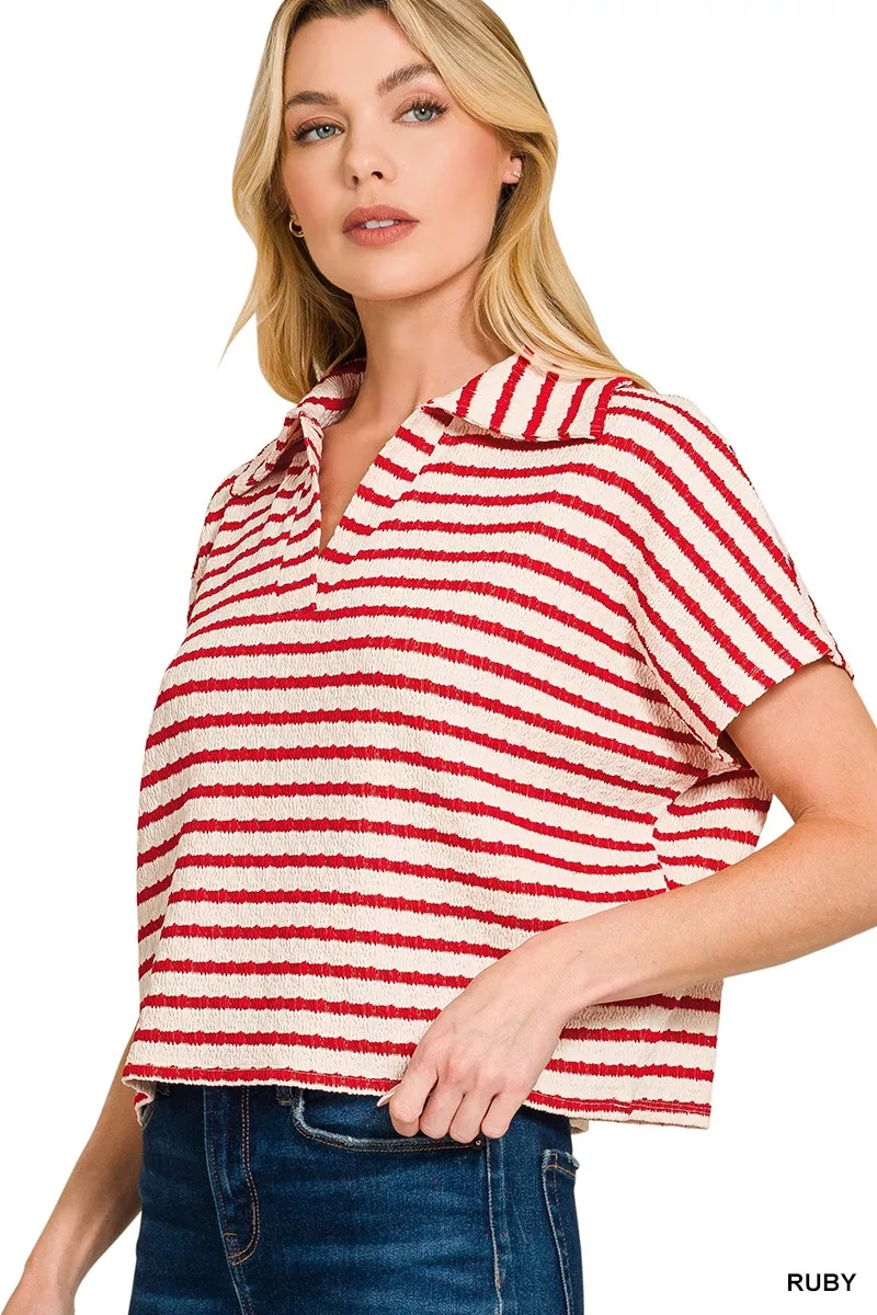 Striped Split Neck Collared Top, image 2