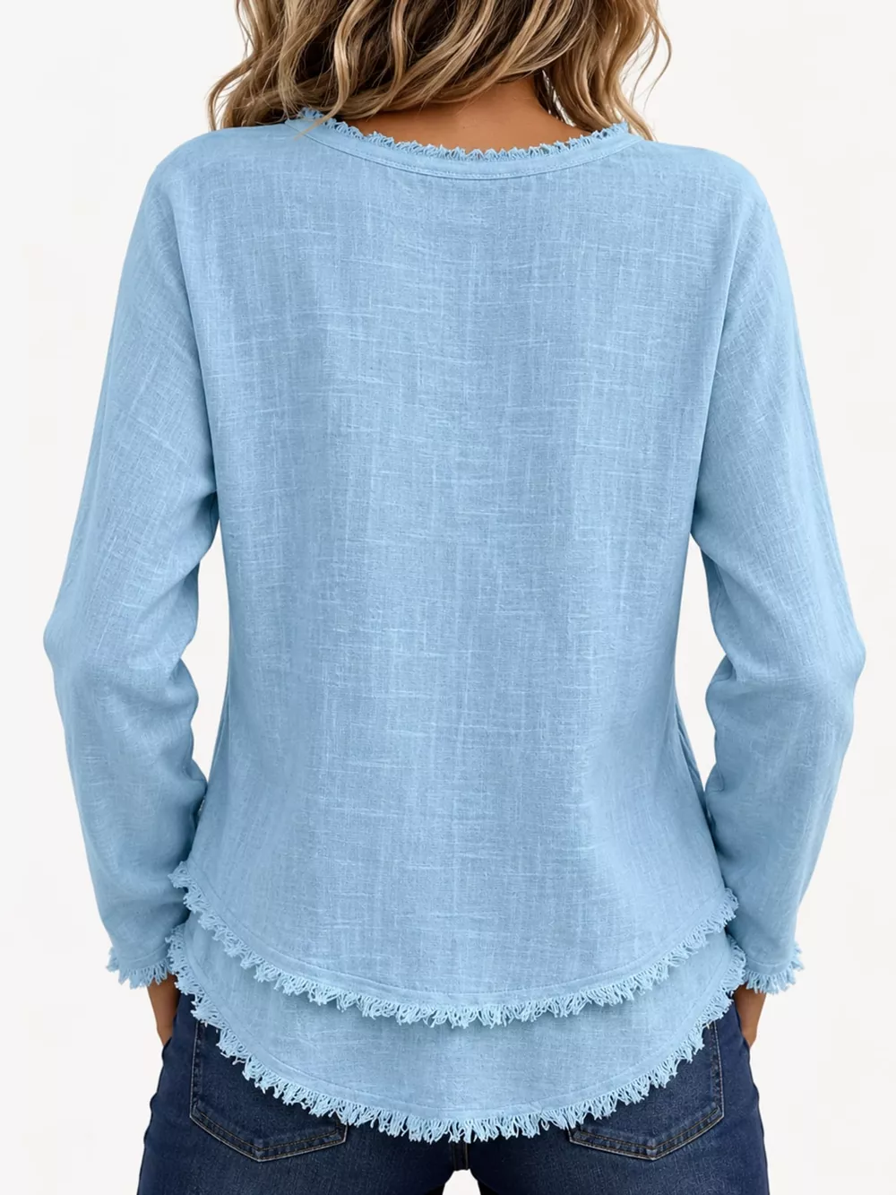 Full Size Frayed Hem V-Neck Long Sleeve Blouse Plus Size, image 13