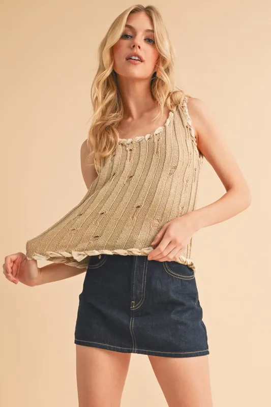 Distressed Detail Round Neck Knit Tank, image 4
