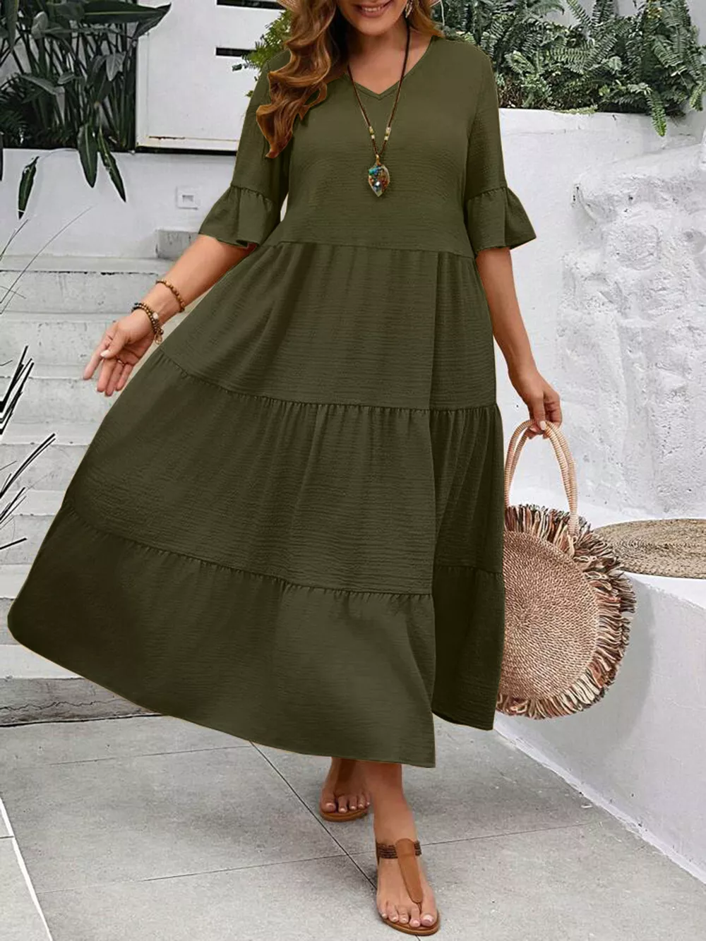 Plus Size Ruffle Sleeves Tiered Midi Dress, image 10