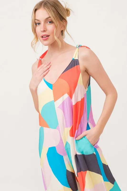 Tied Shoulder Straps Wide-Leg Geo Print Jumpsuit, image 8
