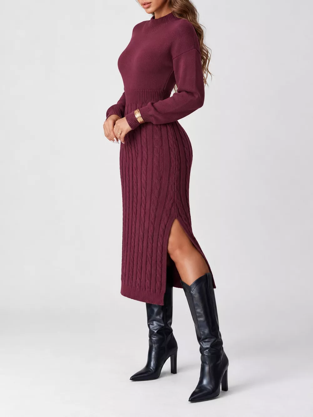 Full Size Mock Neck Cable Knit Sweater Dress with Front Slit Plus Size, image 43