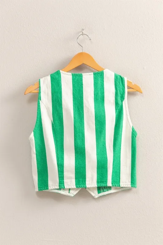 Woven Striped V-Neck Button Down Vest, image 3