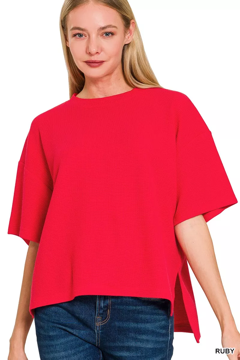 Full Size Double Knit Side Slits Hi Low Short Sleeve Top Plus Size